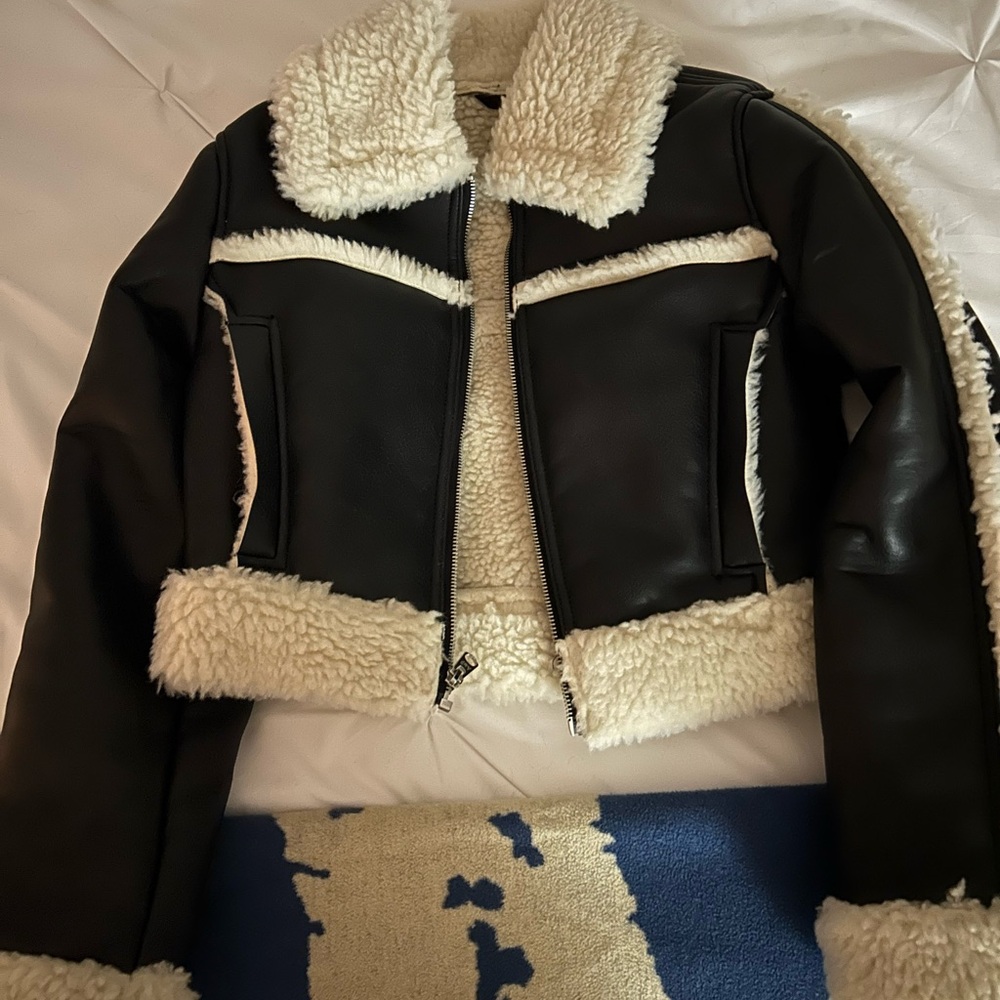 Abercrombie & Fitch Black and Cream Leather Jacket